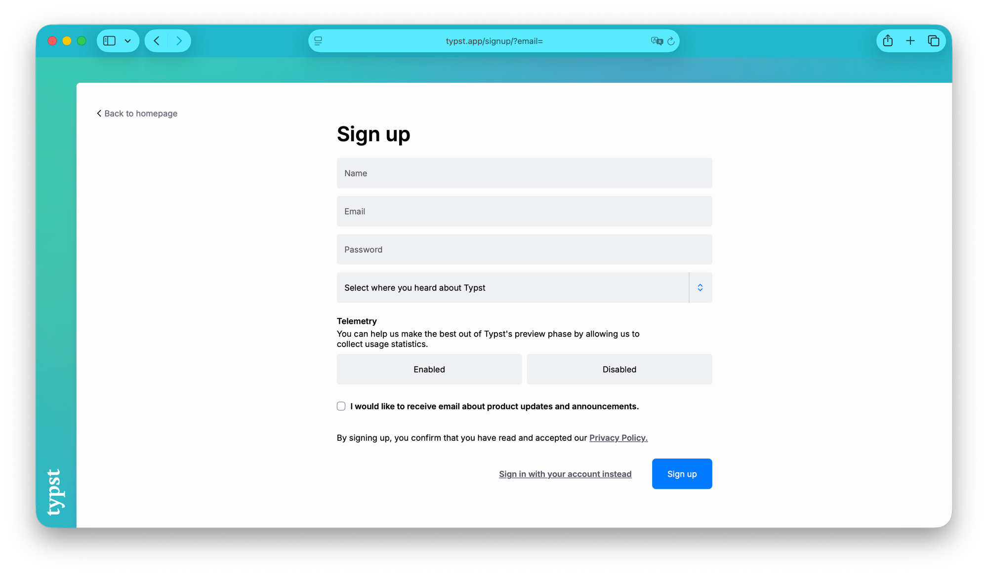 typst.app sign-up page